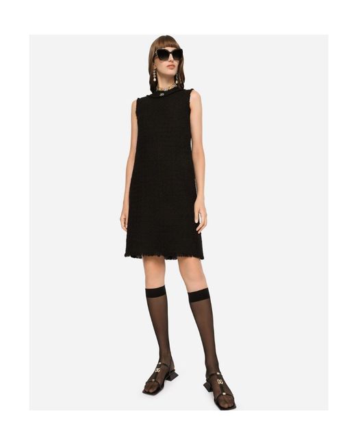 Dolce & Gabbana Black Dg Logo Raschel Tweed Calf-Length Dress