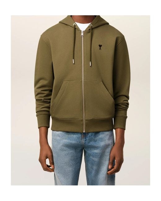 AMI Green Zip-Up Heart Logo Hoodie for men