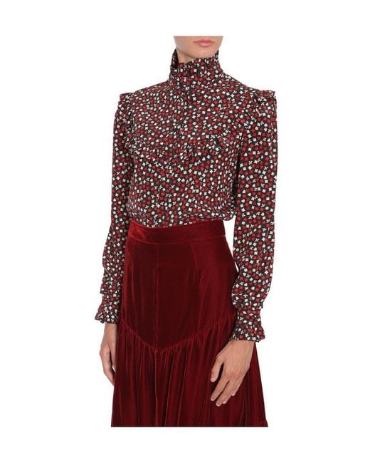 Saint Laurent Red Printed Ruffle Trim Blouse