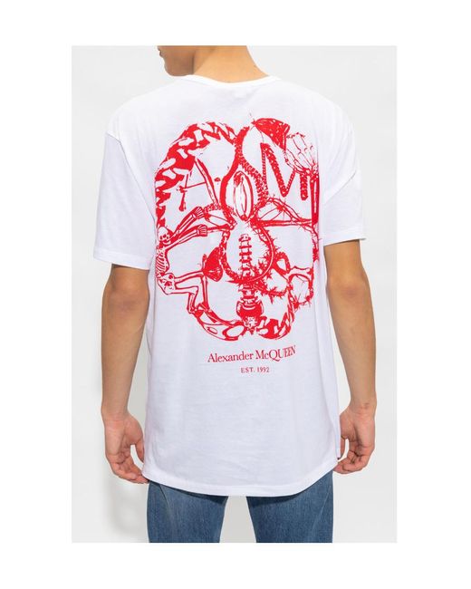 McQueen White Graphic-Print Cotton T-Shirt for men