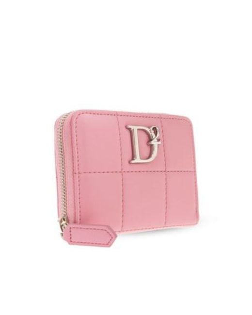 DSquared² Pink Logo Plaque Zip-Around Quilted Wallet