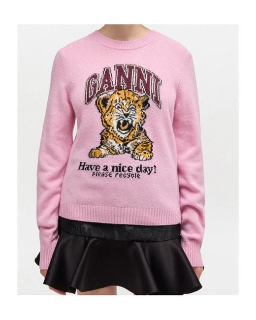 Ganni Pink Rabbit Graphic Crewneck Jumper
