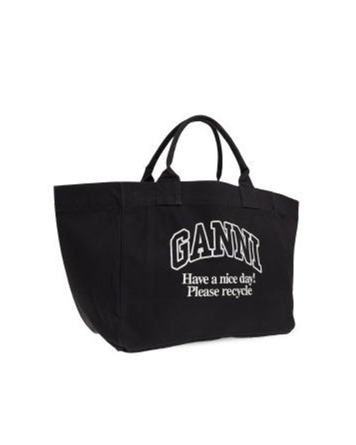 Ganni Black Logo Embroidered Xxl Shopper Bag