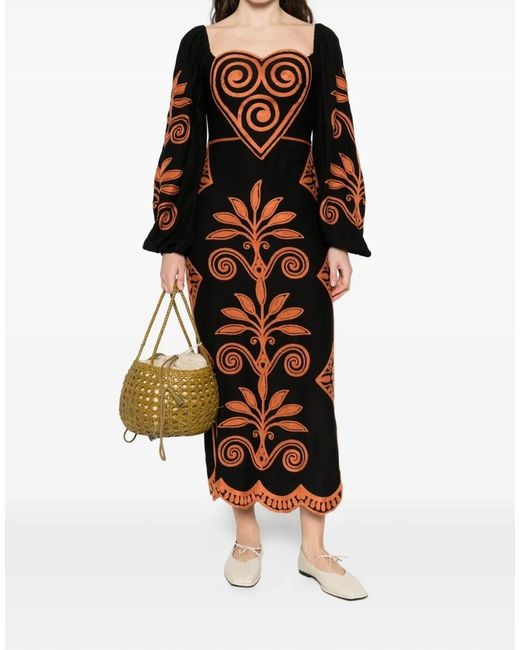 Farm Rio Black Cornely Ainika Long-Sleeve Midi Dress