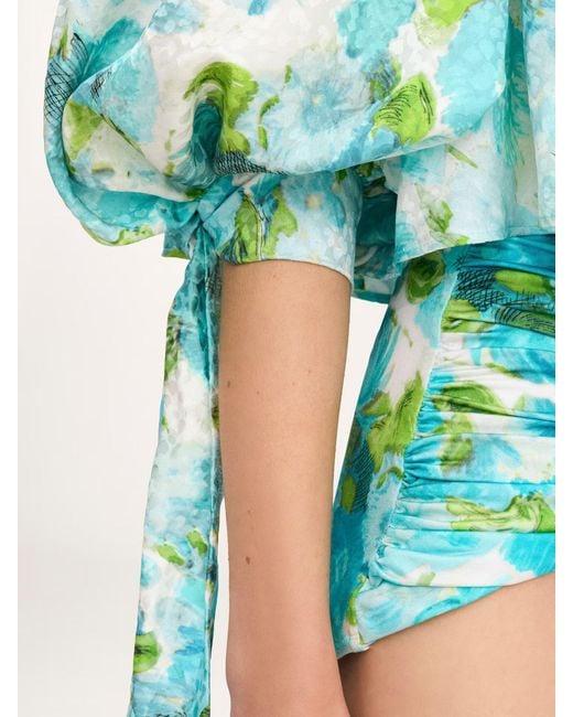 Chloé Blue Chloé Smocked Floral Tie-Sleeve Top