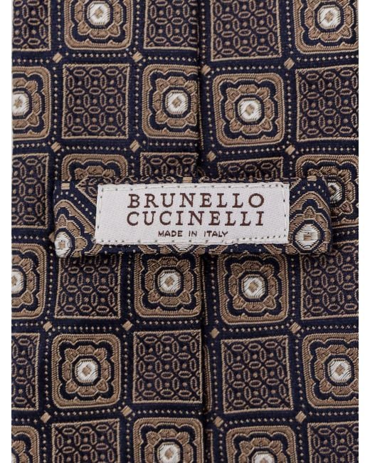 Brunello Cucinelli White Geometric-Pattern Print Silk Tie for men
