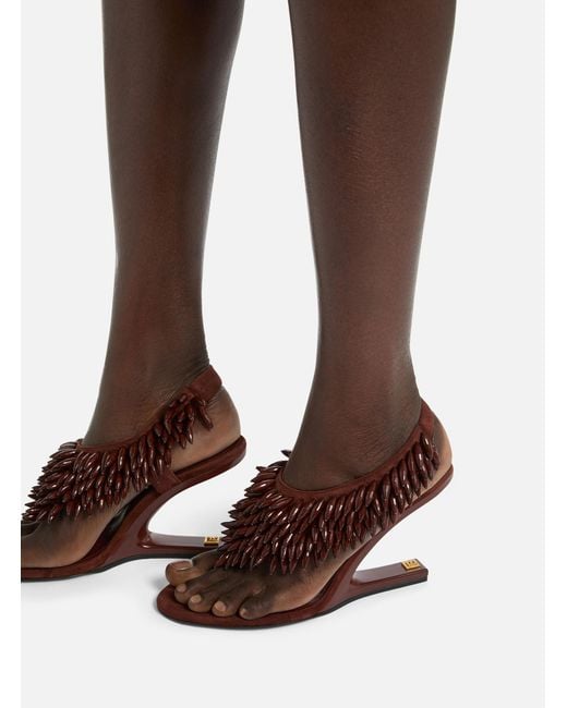 Balmain Brown No Wedge Beaded Suede Sandals