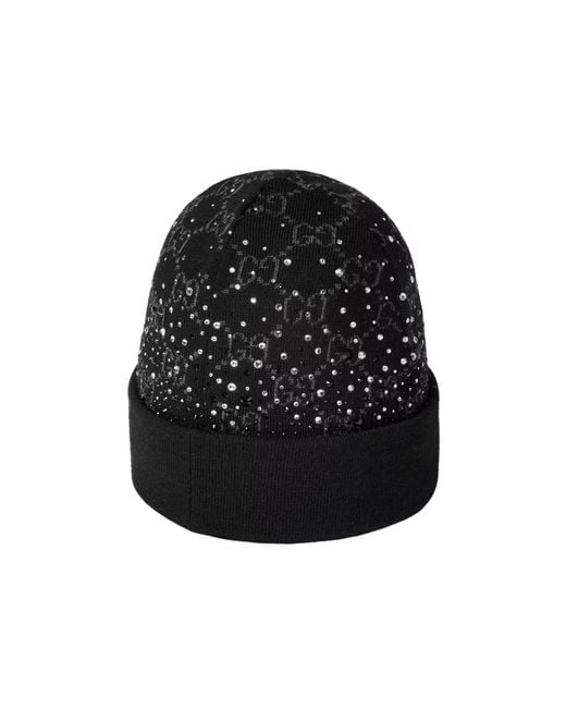 Gucci Black Gg Wool Beanie Hat With Crystals