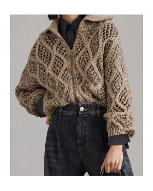 Brunello Cucinelli Natural Zipped Open-Knit Cardigan