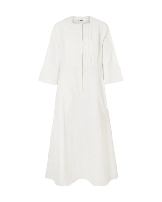 Jil Sander White Pleated Linen Maxi Dress
