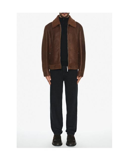 Eleventy Brown Lapel Zipper Leather Jacket for men
