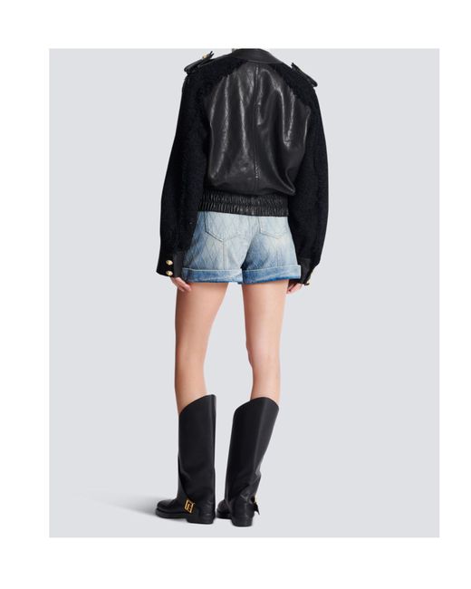 Balmain Black Tweed-Trim Leather Jacket