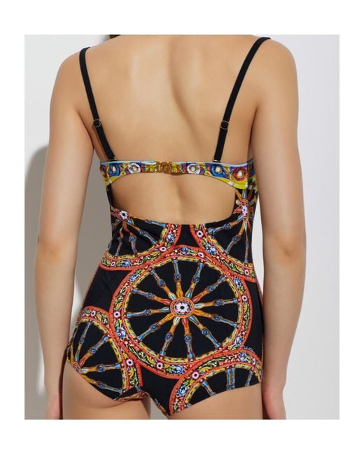 Dolce & Gabbana Black Carretto-Print Balconette One-Piece Swimsuit