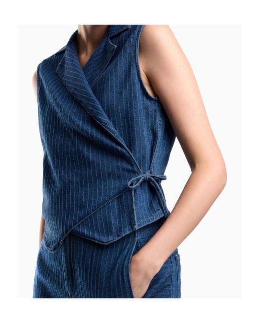Emporio Armani Blue Pinstriped Wrap Denim Vest