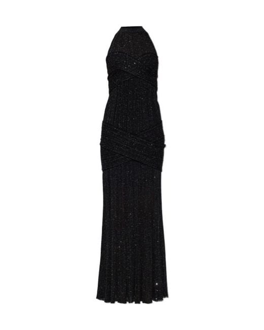 Balmain Black Pleated Sequin Maxi Dress