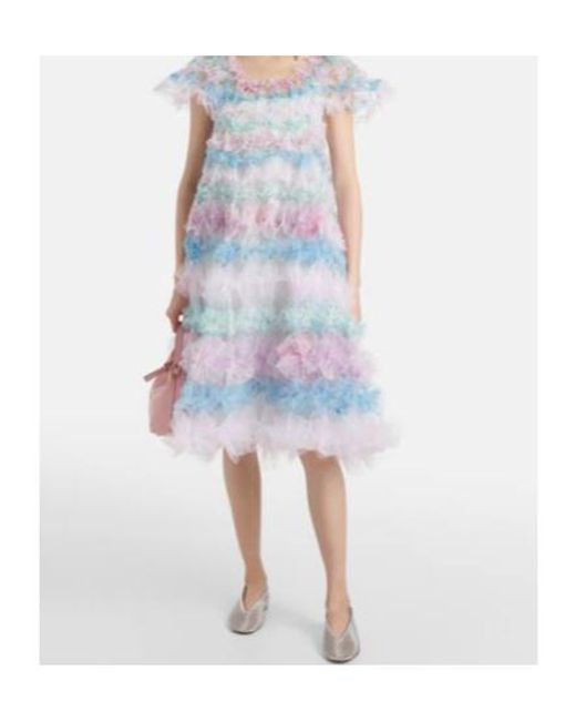 SUSAN FANG Blue Air-Flower Floral Tulle Midi Dress