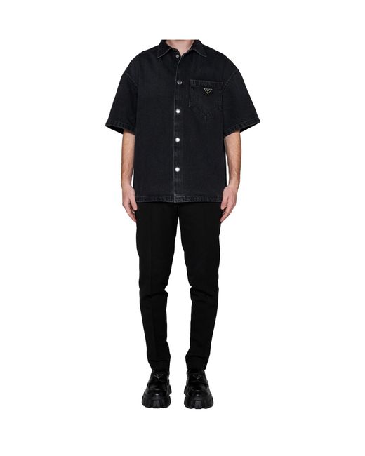 Prada Black Logo Plaque Short Sleeved Denim Shirt for men
