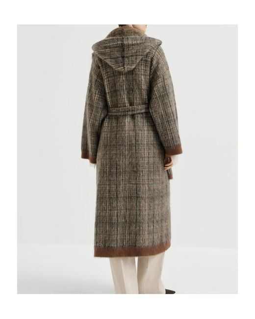 Brunello Cucinelli Gray Mohair And Wool Prince-Of-Wales Double-Knit Coat With Scarf