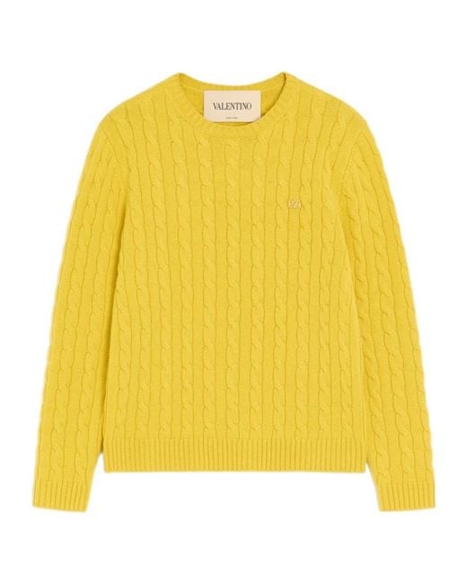 Valentino Yellow Vlogo Plaque Cable-Knit Jumper for men