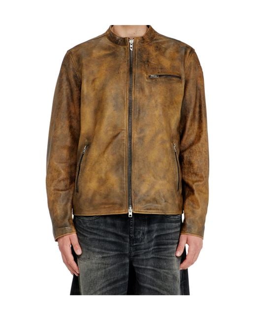DIESEL Brown Oval-D Embossed Leather Jacket for men