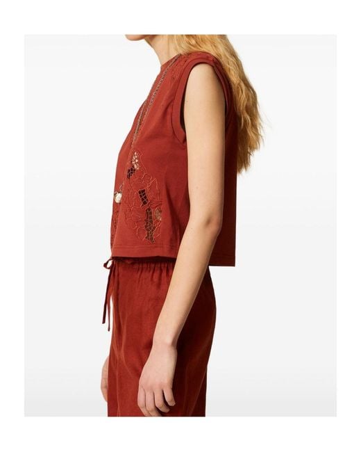 Twinset Red Broderie Sleeveless Top
