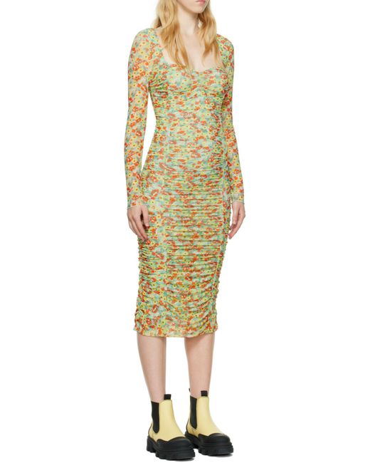 Ganni White Printed Mesh Midi Dress