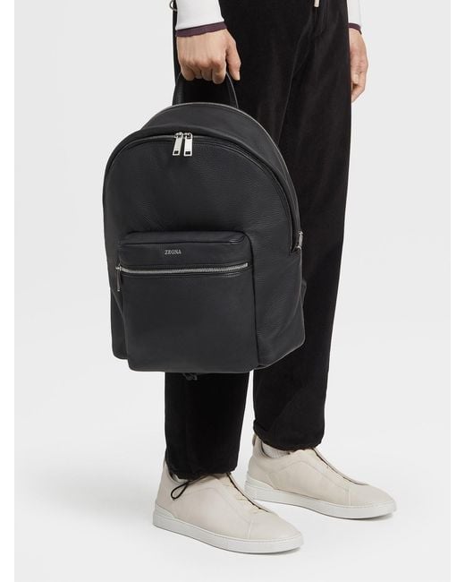 Zegna Black Logo-Plaque Leather Backpack for men
