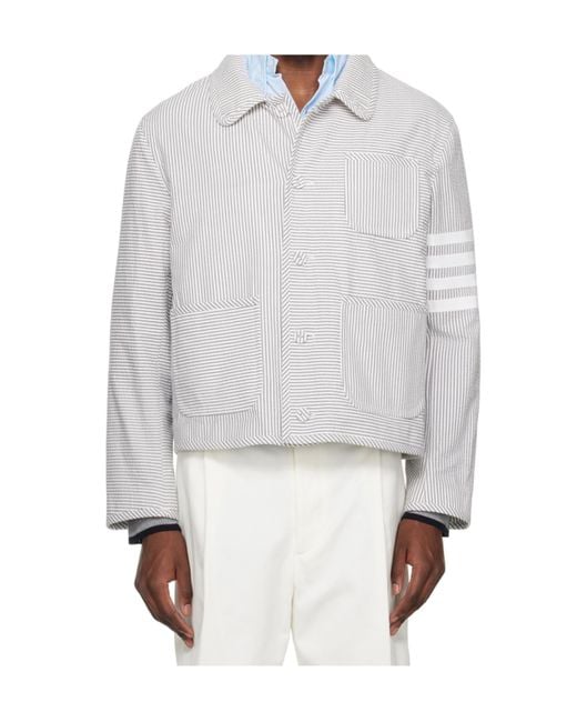 Thom Browne White Unconstructed-Bar Seersucker Jacket for men