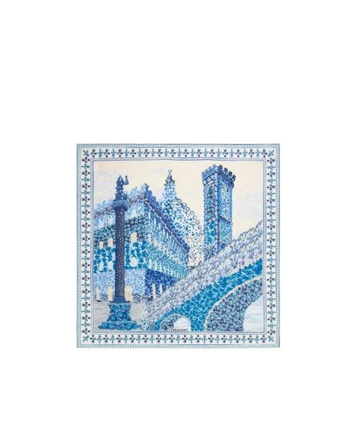 Ferragamo Blue Palazzo Spini Feroni Print Silk Foulard