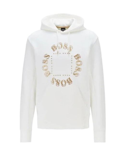 Boss White Logo Hooded Sweater for men