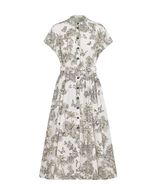 dior mid length shirt dress Mid-Length Belted Shirtdress Ecru Cotton Poplin with Multicolor Dior Secret Garden Motif