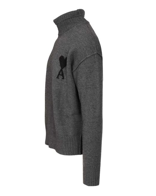 AMI Gray Heart-Logo Turtleneck Sweater for men