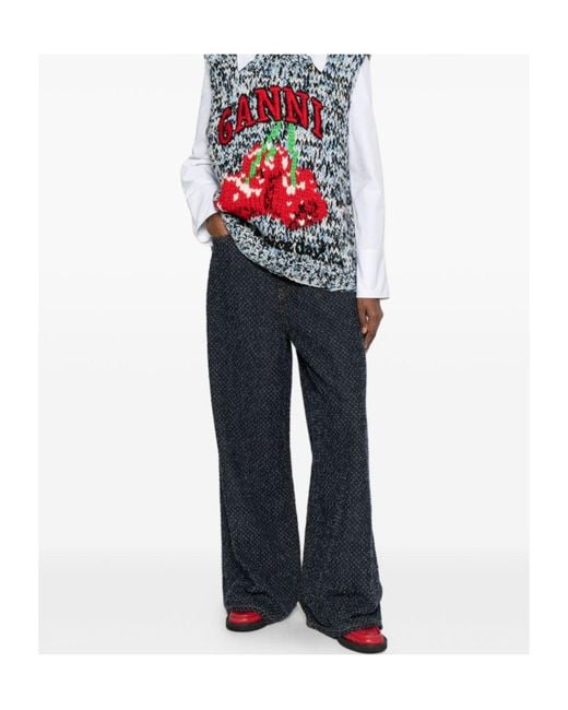 Ganni Blue Logo Patch Wide Leg Jeans