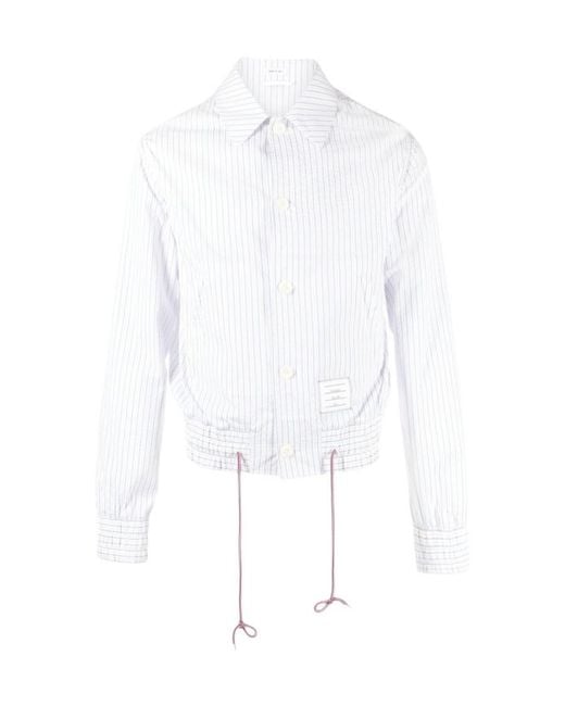 Thom Browne White Striped Drawstring Waistband Shirt Jacket for men