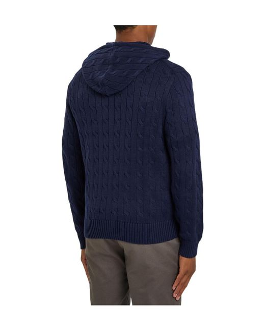 Polo Ralph Lauren Blue Logo-Embroidered Hooded Cable-Knit Cotton Jumper for men
