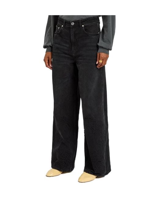 Ganni Black Floral-Embroidered Wide-Leg Jeans