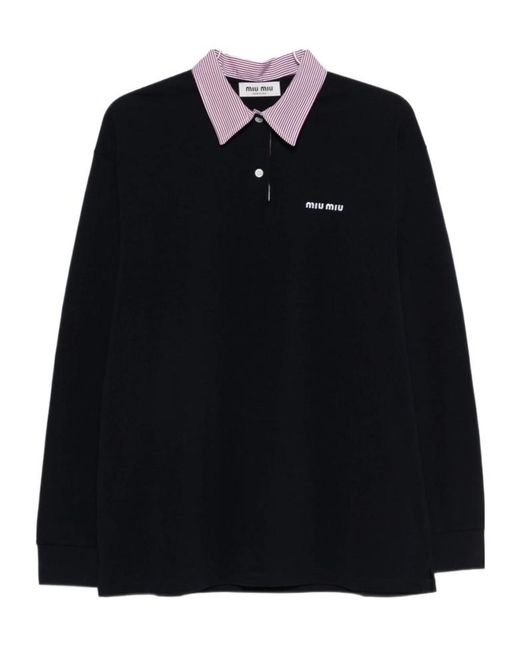 Miu Miu Black Logo-Embroidered Long-Sleeved Polo Shirt