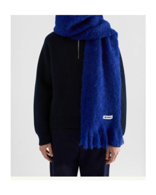 Jil Sander Blue Fringed Logo Scarf for men