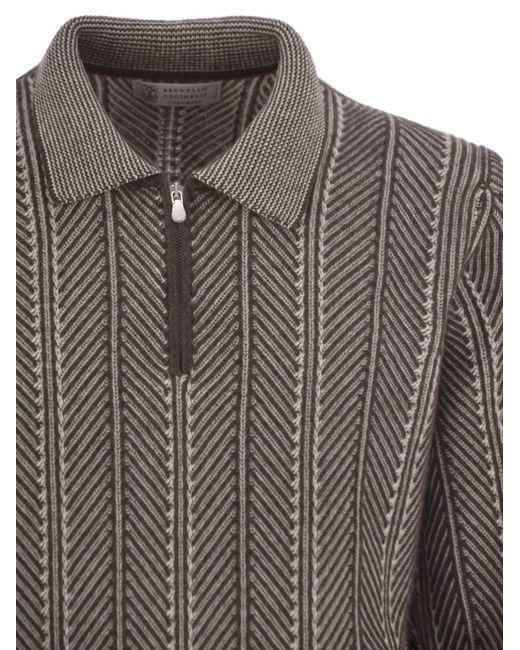 Brunello Cucinelli Gray Polo Neck Chevron Knitted Jumper for men