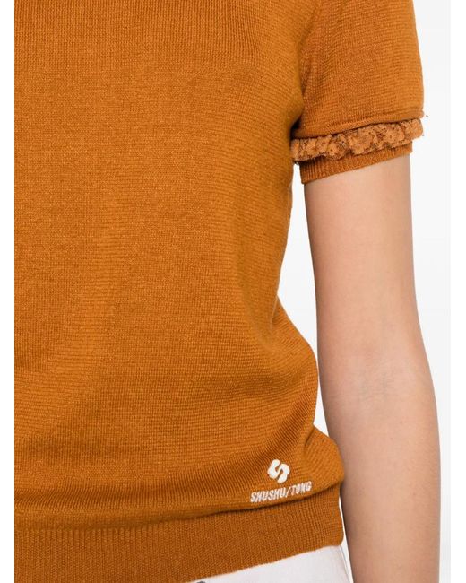 ShuShu/Tong Orange Lace-Trimmed Short-Sleeve Sweater