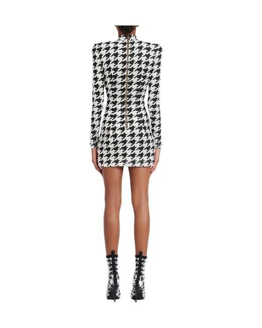Balmain White Short Houndstooth Print Velvet Dress
