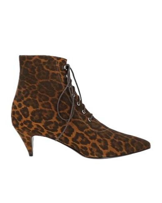 Saint Laurent Brown Leopard Print Lace-Up Ankle Boots
