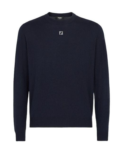 Fendi Blue Logo Plaque Crewneck Knitted Jumper for men