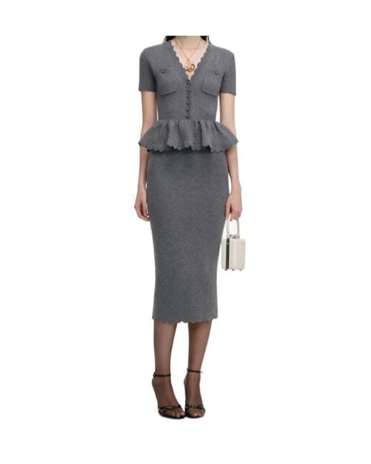 Self-Portrait Gray V-Neck Knit Midi Dress