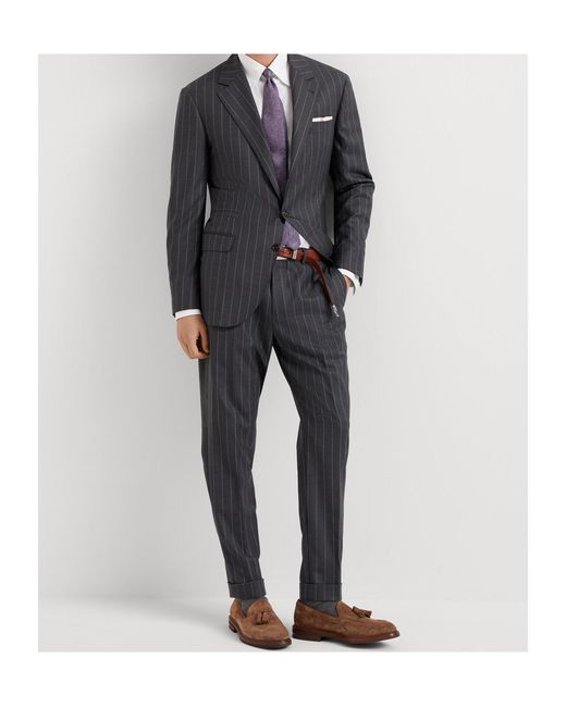Brunello Cucinelli Blue Single-Breasted Pinstriped Tailored Blazer for men