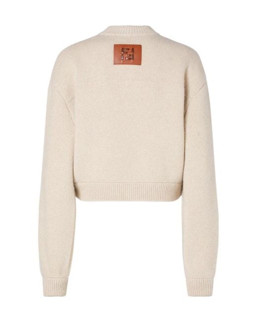 Fendi Natural Button-Up Knitted Crewneck Cardigan