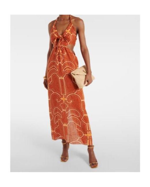 Johanna Ortiz Orange Printed Cutout Linen Maxi Dress