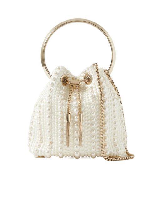 Jimmy Choo Natural Imitation Pearl Satin Bucket Bag