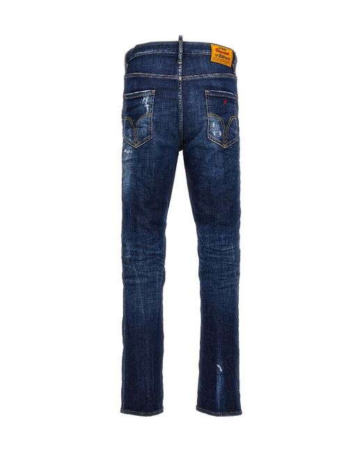 DSquared² Blue Logo Patch Distressed Straight-Leg Jeans for men