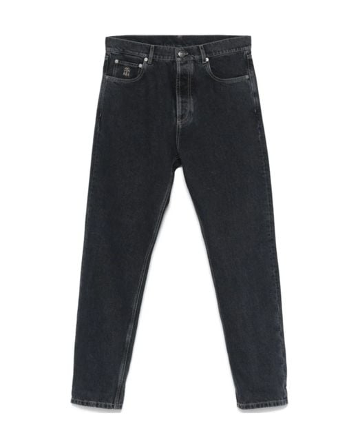 Brunello Cucinelli Black Logo-Embroidered Jeans for men